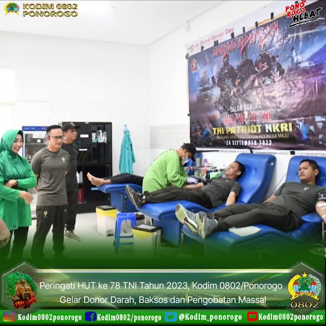 Peringati HUT ke 78 TNI Tahun 2023, Kodim 0802/Ponorogo  Gelar Donor Darah, Baksos dan Pengobatan Massal